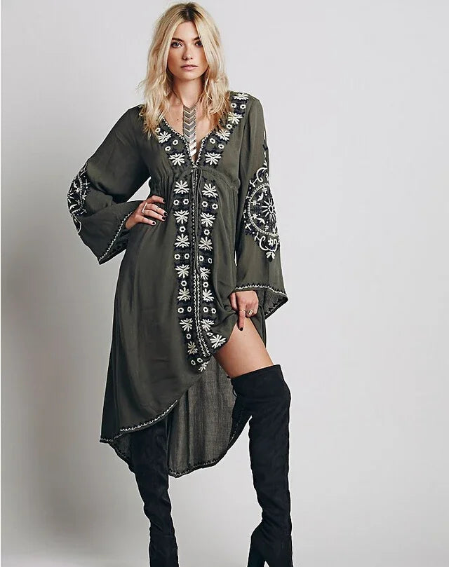 Long Sleeve Vintage Floral Embroidered Cotton Tunic Dress