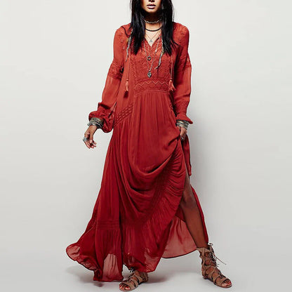 Long Sleeve Maxi Dress Red Floral Embroidery Tassel Boho Dress