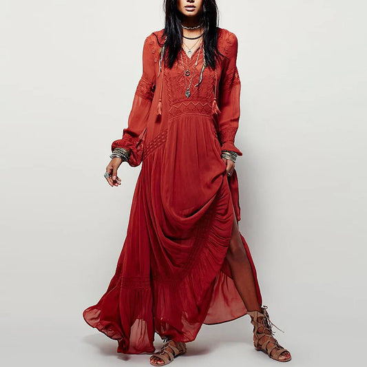 Long Sleeve Maxi Dress Red Floral Embroidery Tassel Boho Dress