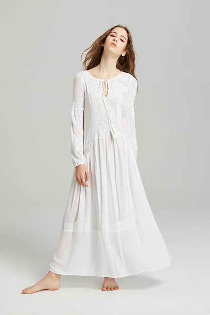 Long Sleeve Maxi Dress Red Floral Embroidery Tassel Boho Dress