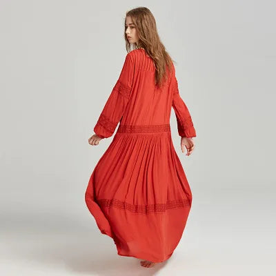 Long Sleeve Maxi Dress Red Floral Embroidery Tassel Boho Dress