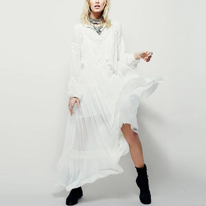 Long Sleeve Maxi Dress Red Floral Embroidery Tassel Boho Dress