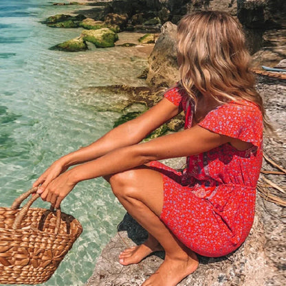 Red Floral Print Boho Mini Dress