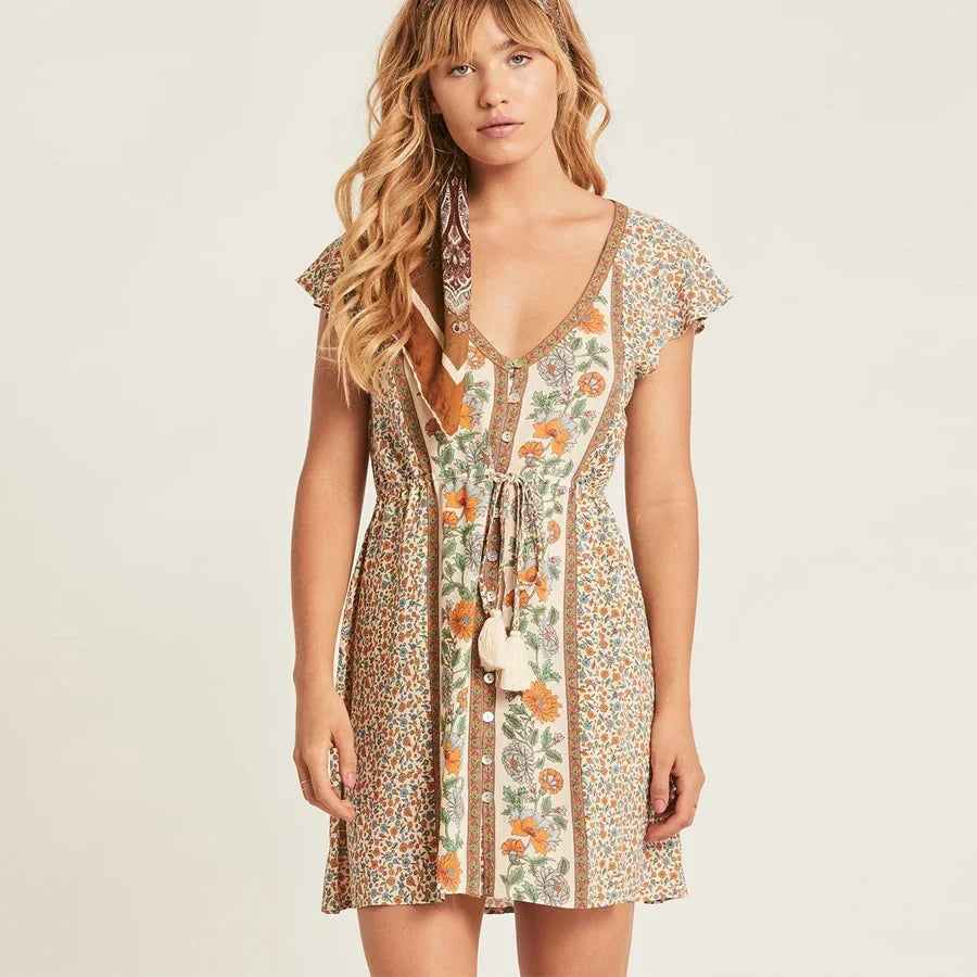 Red Floral Print Boho Mini Dress