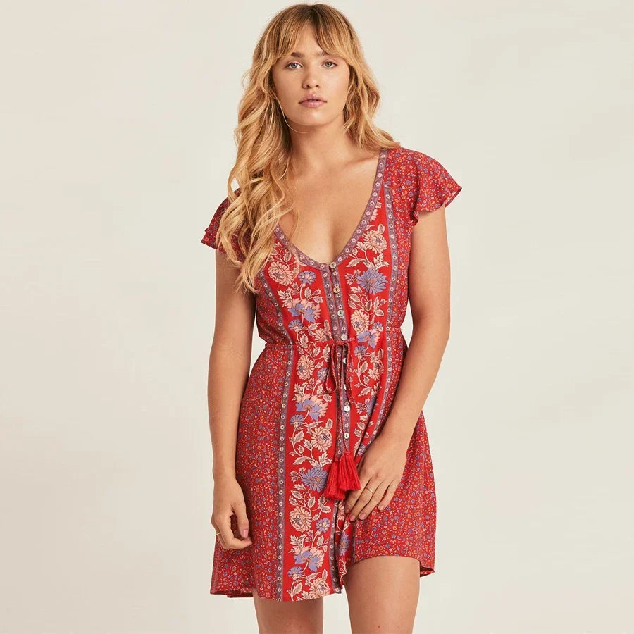 Red Floral Print Boho Mini Dress