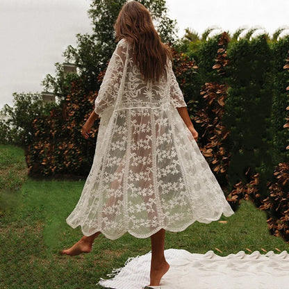 White Lace Cardigan Boho Bikini Cover Up See-through