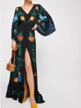 White Maxi Dress Cotton Floral Embroidery Sexy V-neck Beach Dress