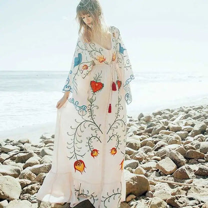 White Maxi Dress Cotton Floral Embroidery Sexy V-neck Beach Dress
