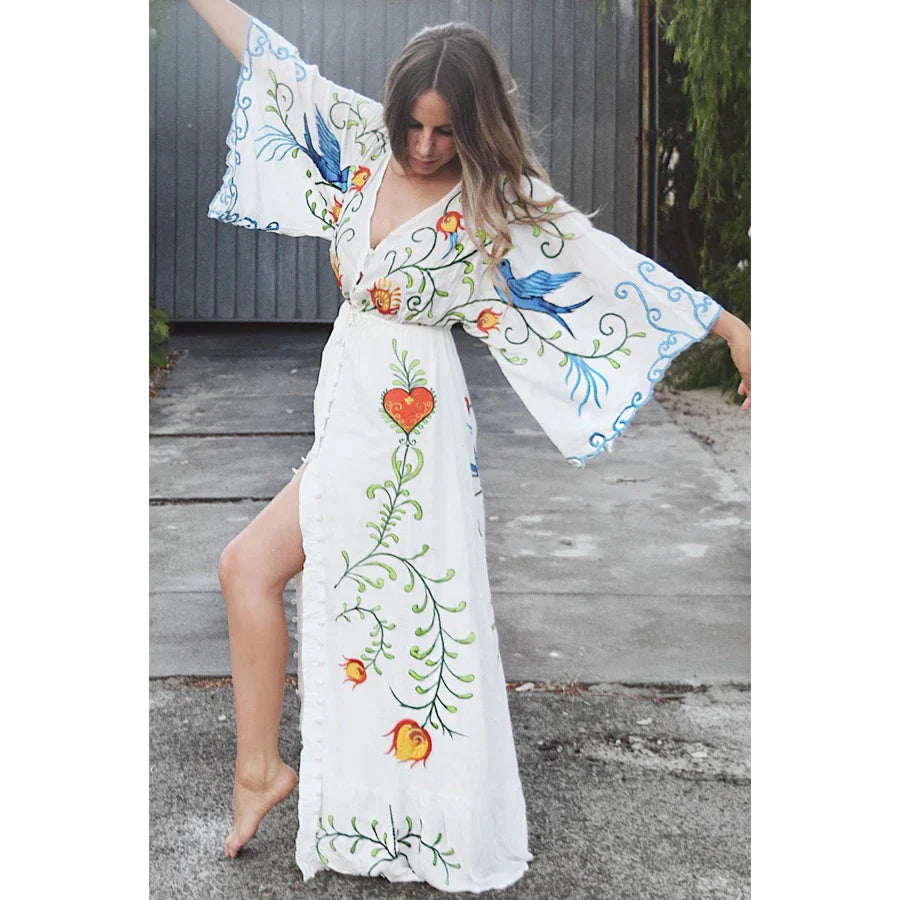 White Maxi Dress Cotton Floral Embroidery Sexy V-neck Beach Dress