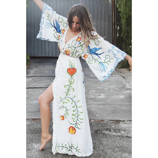 White Maxi Dress Cotton Floral Embroidery Sexy V-neck Beach Dress