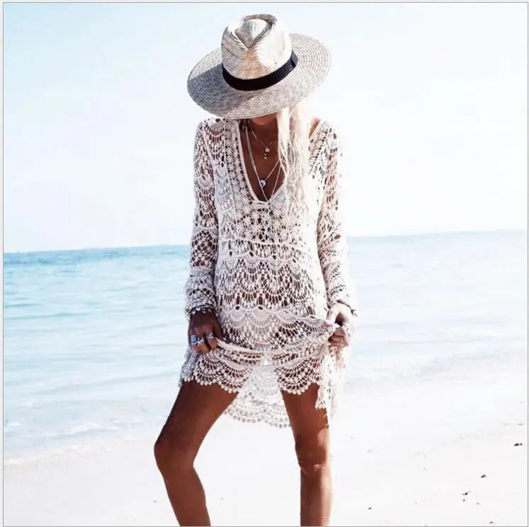 White Crochet Lace Bikini Boho Beach Cover up