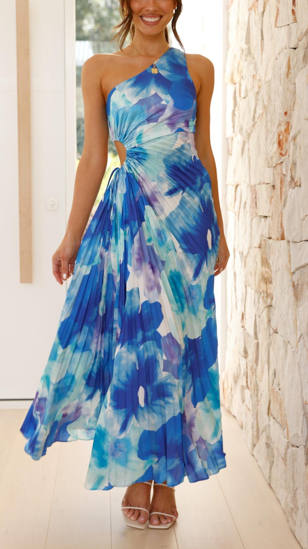Madison | Floral Pleated One Shoulder Maxi Dress