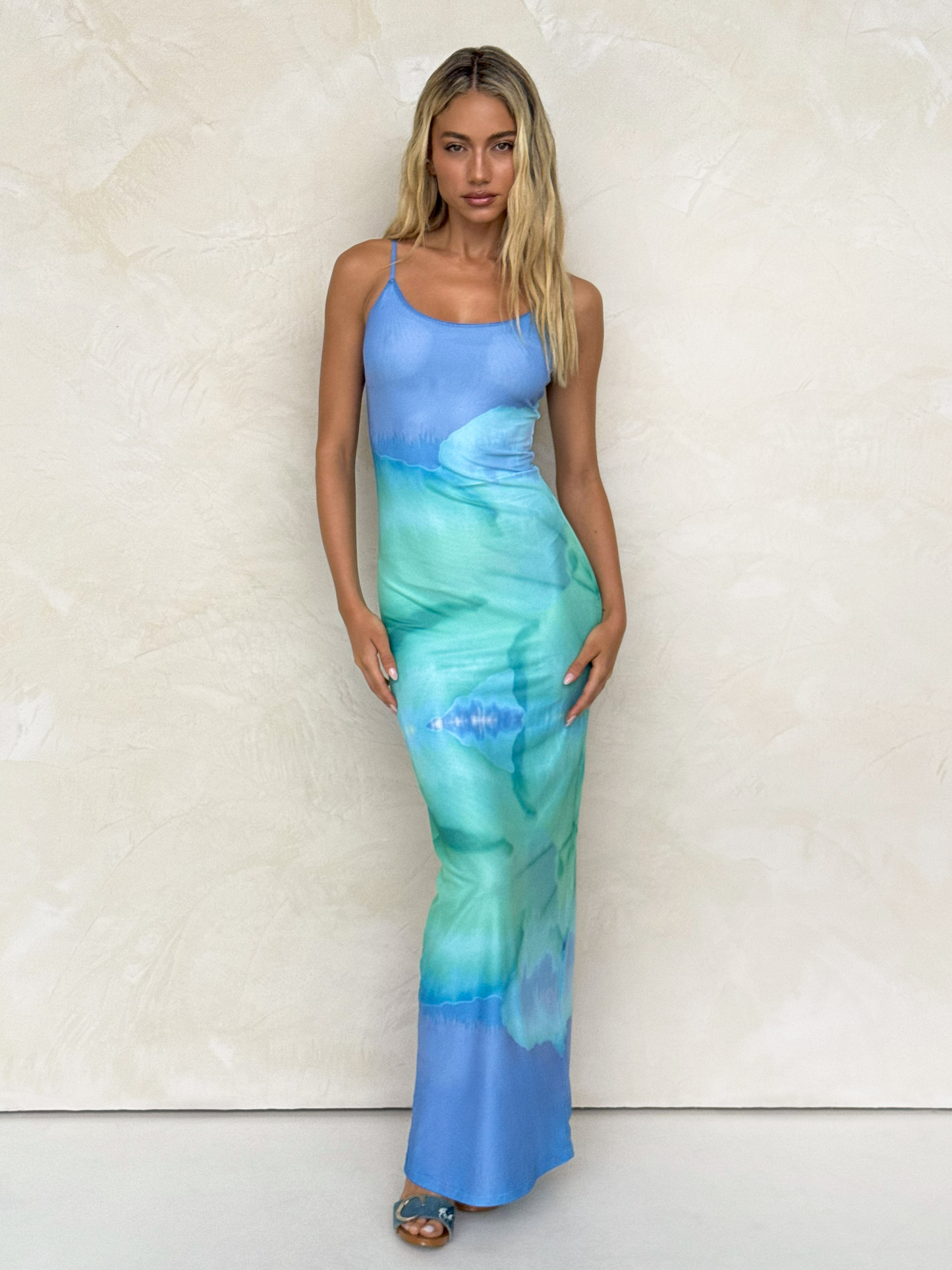 Abstract Watercolor Print Scoop Neck Spaghetti Strap Bodycon Maxi Dress