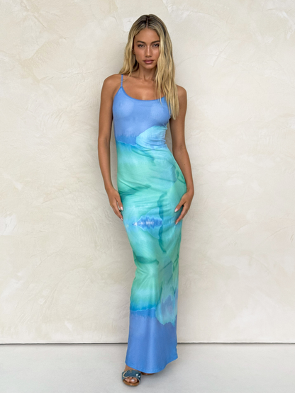 Abstract Watercolor Print Scoop Neck Spaghetti Strap Bodycon Maxi Dress