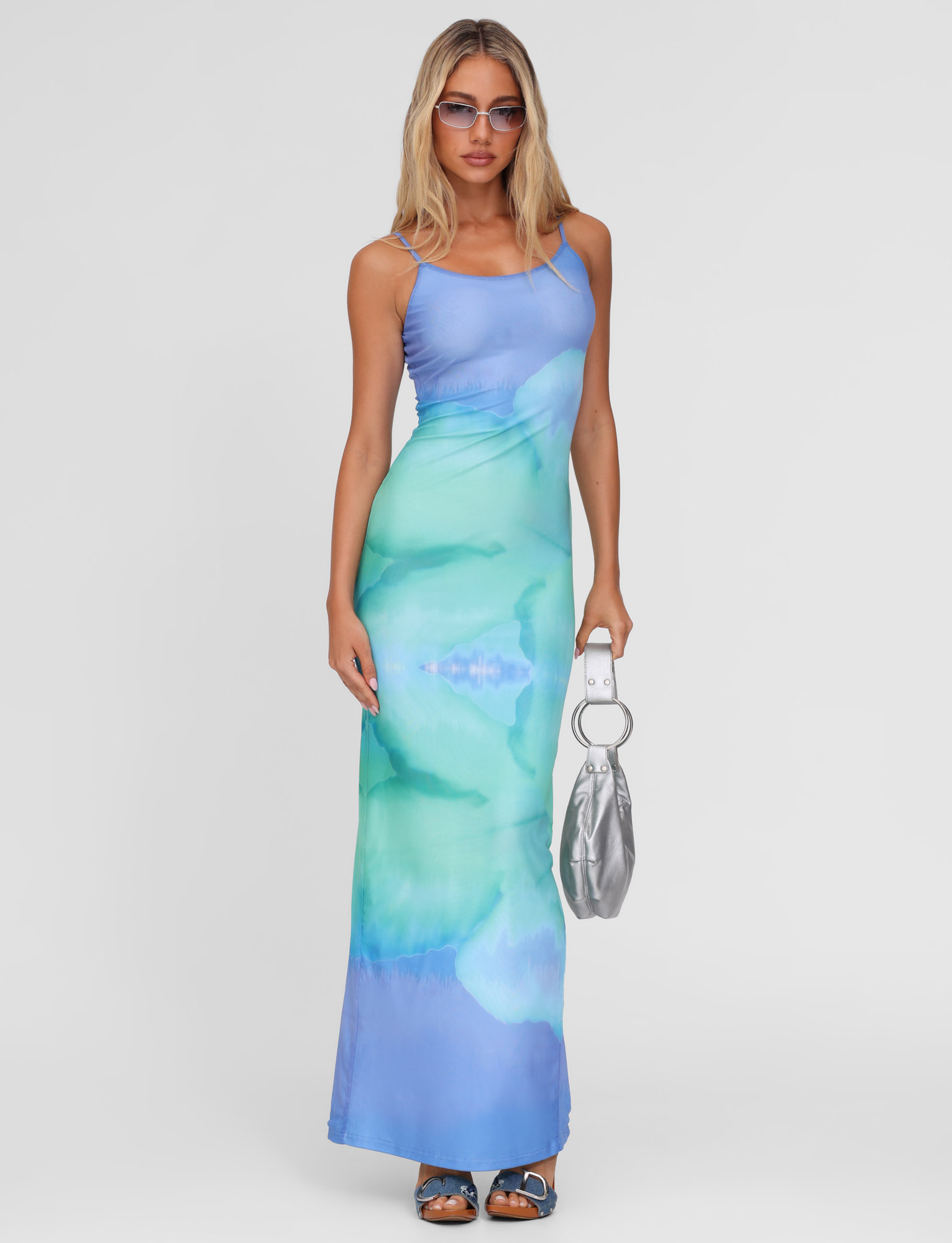Abstract Watercolor Print Scoop Neck Spaghetti Strap Bodycon Maxi Dress