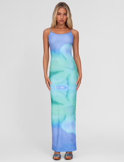 Abstract Watercolor Print Scoop Neck Spaghetti Strap Bodycon Maxi Dress