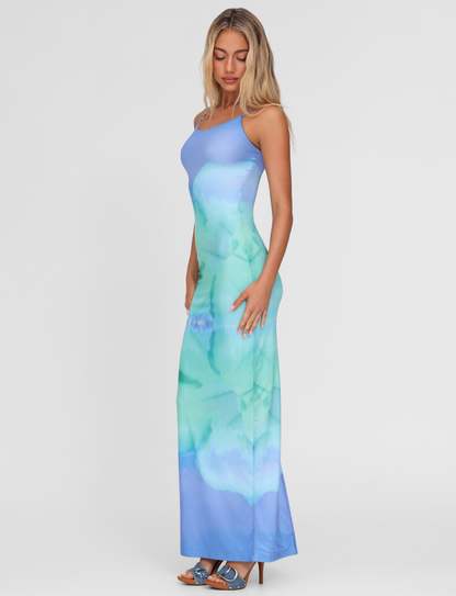 Abstract Watercolor Print Scoop Neck Spaghetti Strap Bodycon Maxi Dress