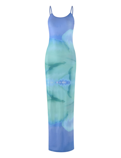Abstract Watercolor Print Scoop Neck Spaghetti Strap Bodycon Maxi Dress