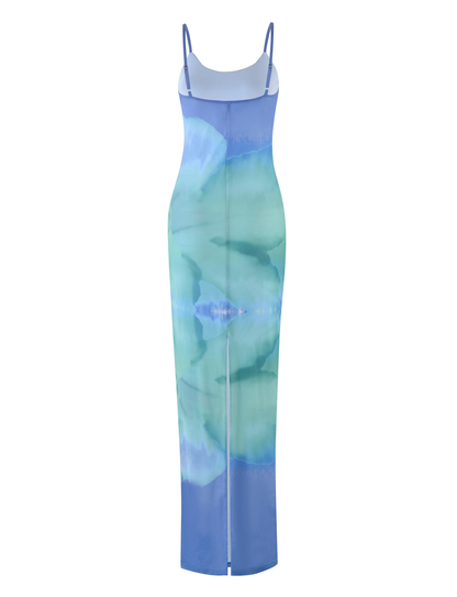 Abstract Watercolor Print Scoop Neck Spaghetti Strap Bodycon Maxi Dress