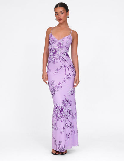 Floral Print Scalloped Trim Plunging V-Neck Spaghetti Strap Bodycon Maxi Dress