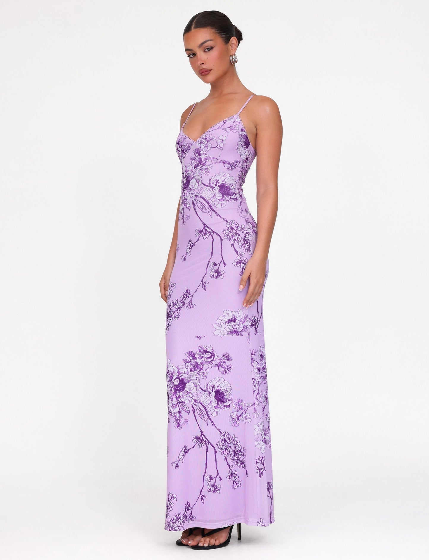 Floral Print Scalloped Trim Plunging V-Neck Spaghetti Strap Bodycon Maxi Dress