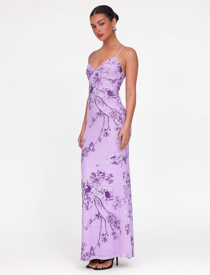 Floral Print Scalloped Trim Plunging V-Neck Spaghetti Strap Bodycon Maxi Dress