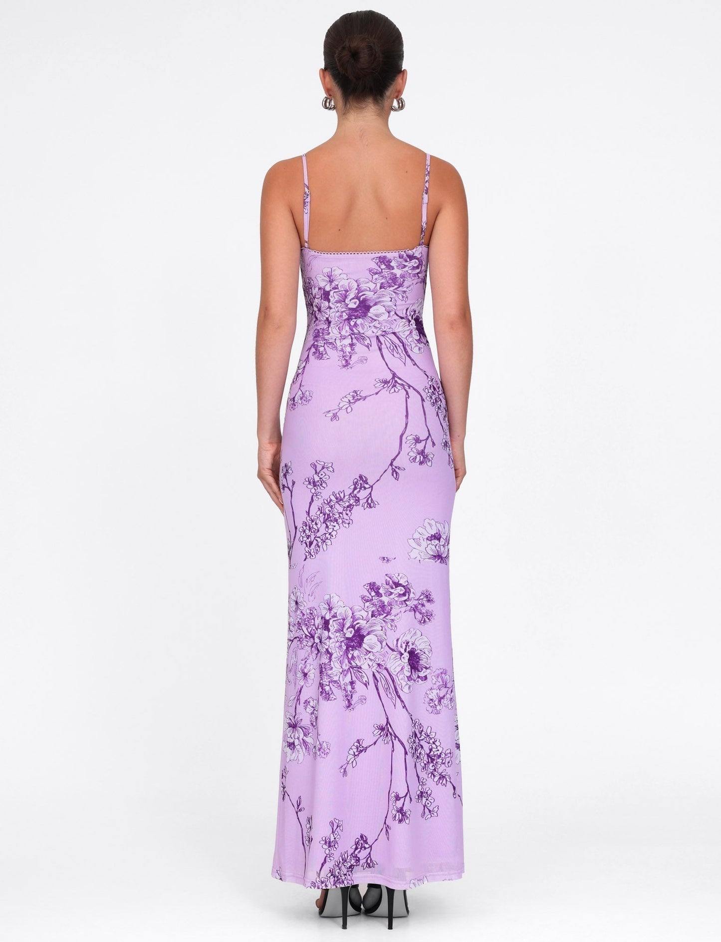 Floral Print Scalloped Trim Plunging V-Neck Spaghetti Strap Bodycon Maxi Dress