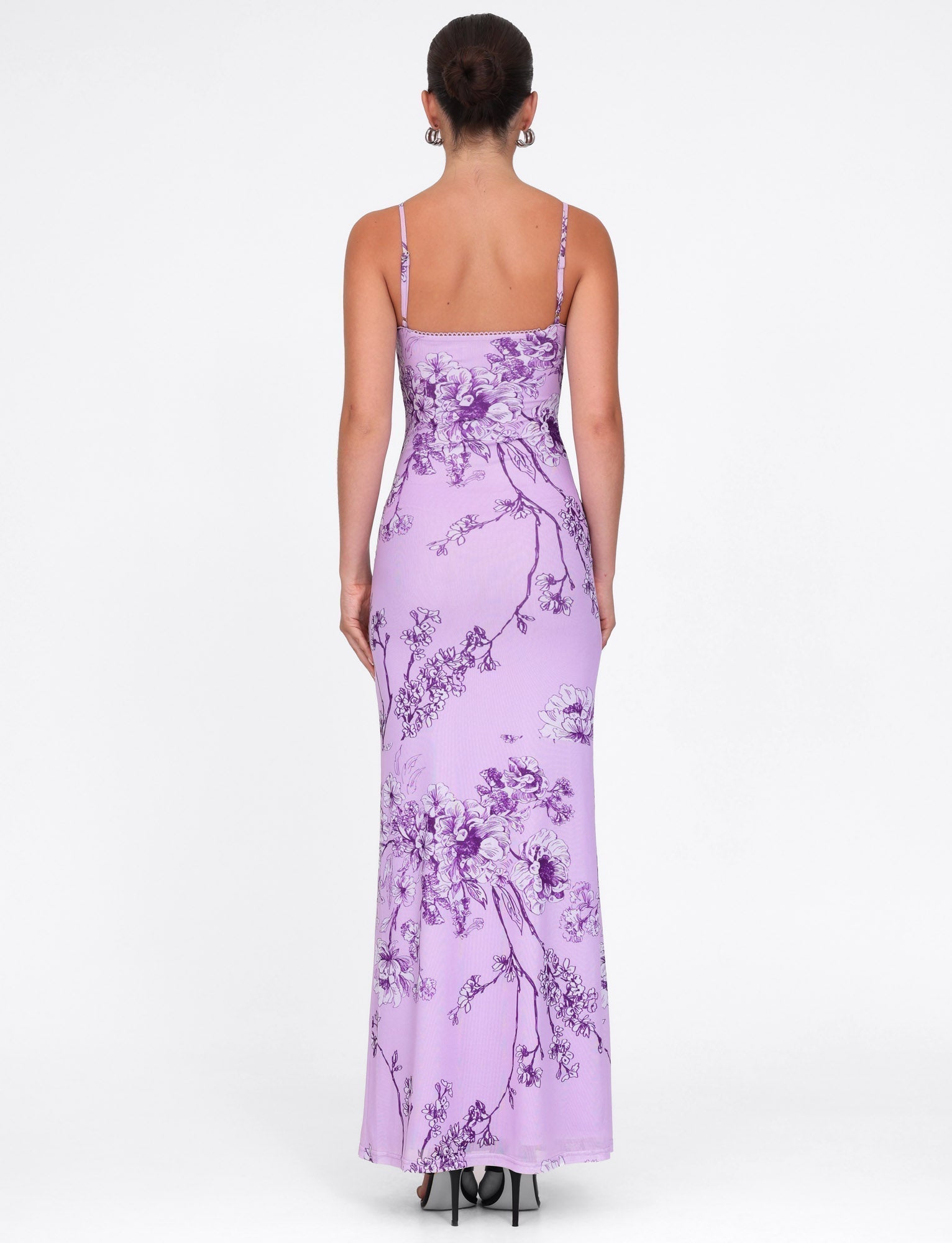 Floral Print Scalloped Trim Plunging V-Neck Spaghetti Strap Bodycon Maxi Dress