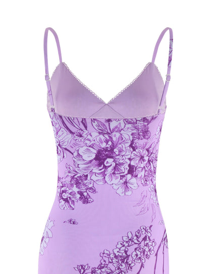 Floral Print Scalloped Trim Plunging V-Neck Spaghetti Strap Bodycon Maxi Dress