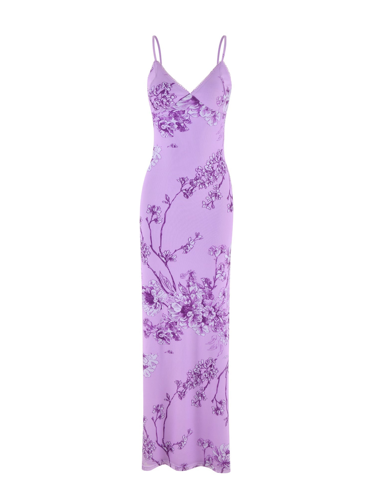 Floral Print Scalloped Trim Plunging V-Neck Spaghetti Strap Bodycon Maxi Dress