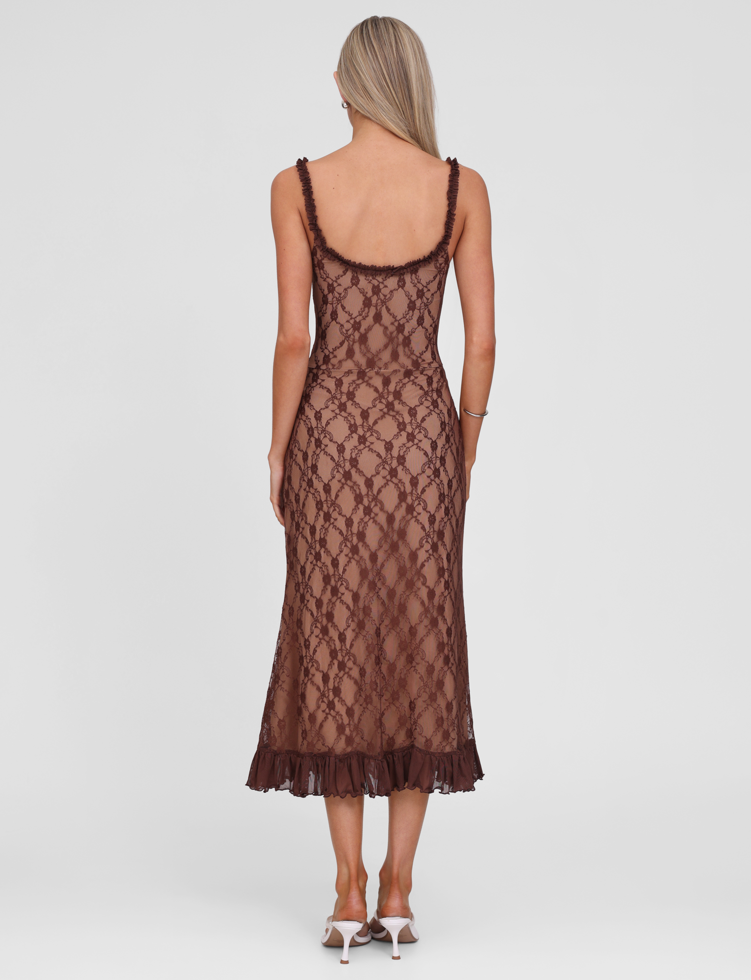 Floral Lace Ruffled Sweetheart Neckline Ruffle Strap Bodycon Midi Dress