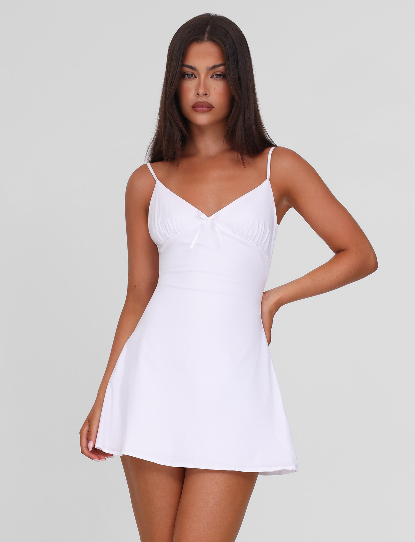 V Neck Bow Spaghetti Strap Ruched Bodice Fit and Flare Mini Dress