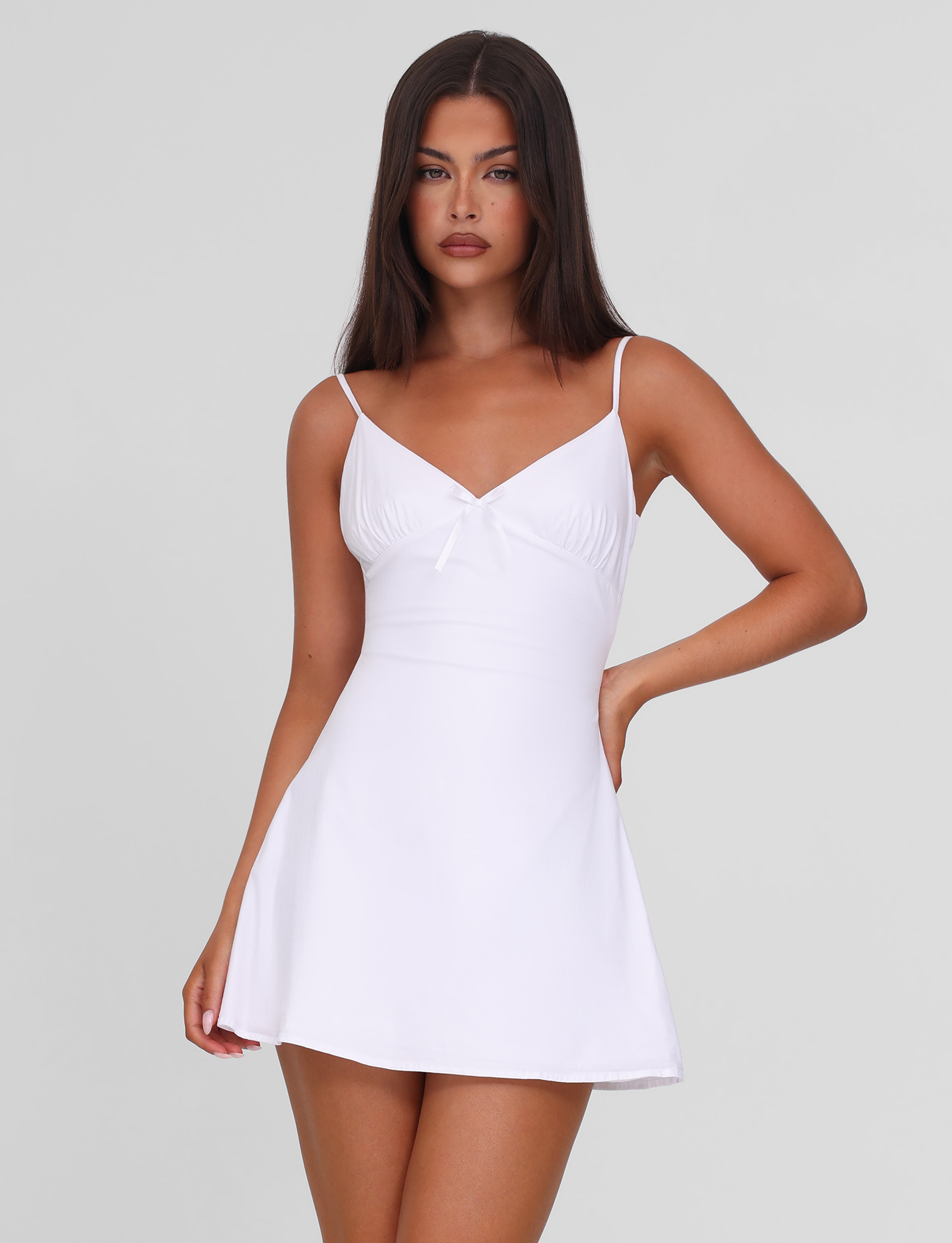 V Neck Bow Spaghetti Strap Ruched Bodice Fit and Flare Mini Dress