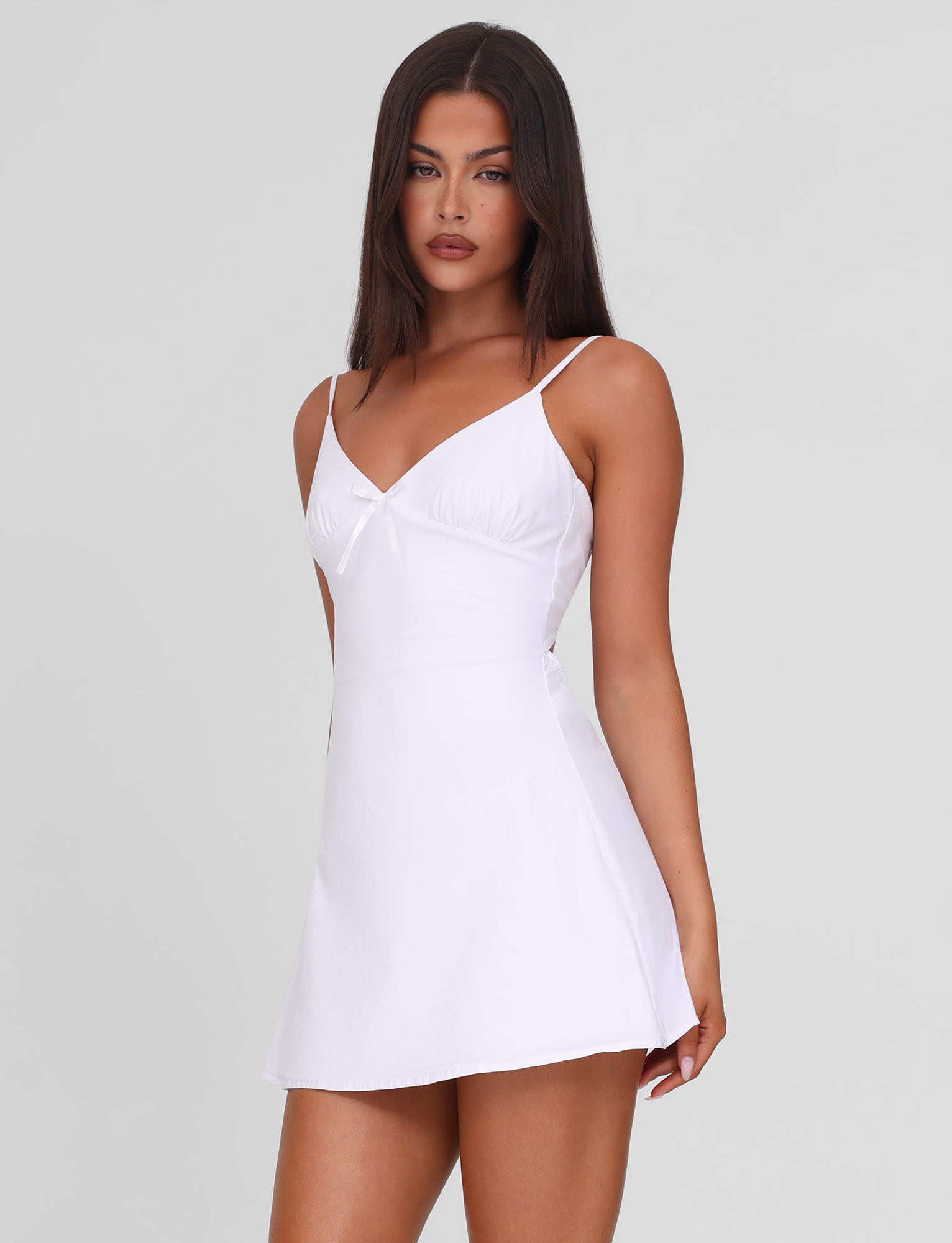 V Neck Bow Spaghetti Strap Ruched Bodice Fit and Flare Mini Dress