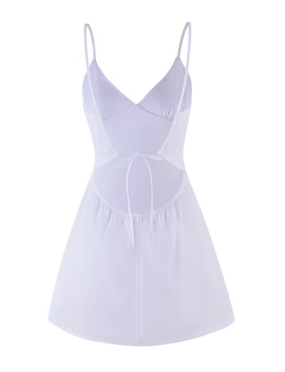 V Neck Bow Spaghetti Strap Ruched Bodice Fit and Flare Mini Dress
