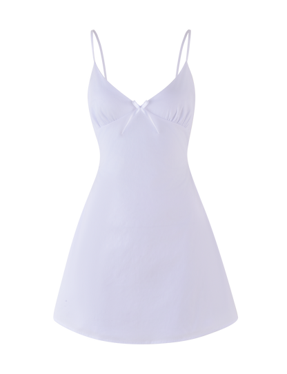 V Neck Bow Spaghetti Strap Ruched Bodice Fit and Flare Mini Dress