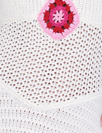 Halter Neck V Neck Crochet Floral Motif Open Knit Mini Dress