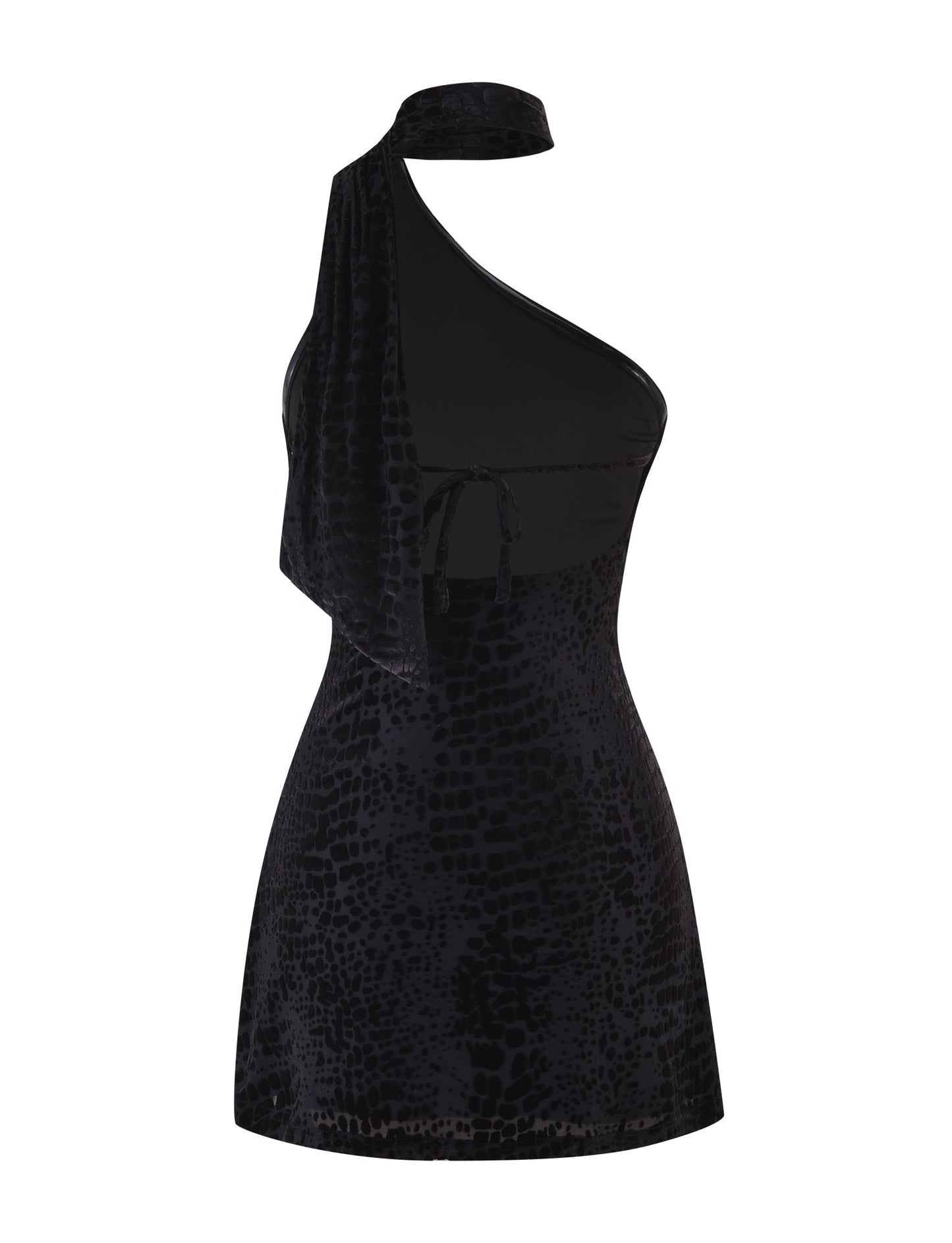 Burnout Textured One-Shoulder Choker Neck Bodycon Mini Dress