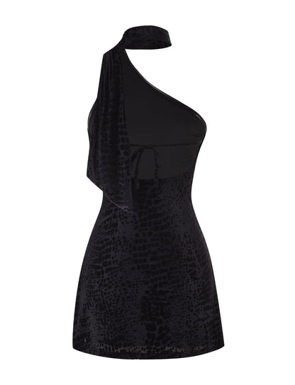 Burnout Textured One-Shoulder Choker Neck Bodycon Mini Dress