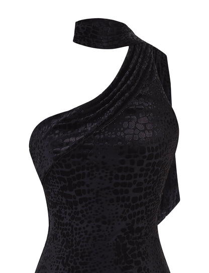 Burnout Textured One-Shoulder Choker Neck Bodycon Mini Dress