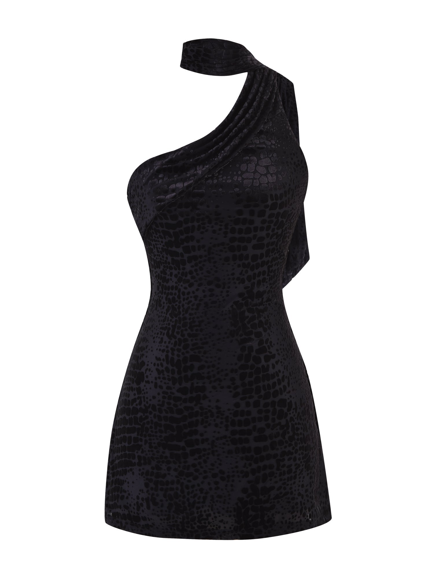 Burnout Textured One-Shoulder Choker Neck Bodycon Mini Dress