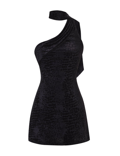 Burnout Textured One-Shoulder Choker Neck Bodycon Mini Dress