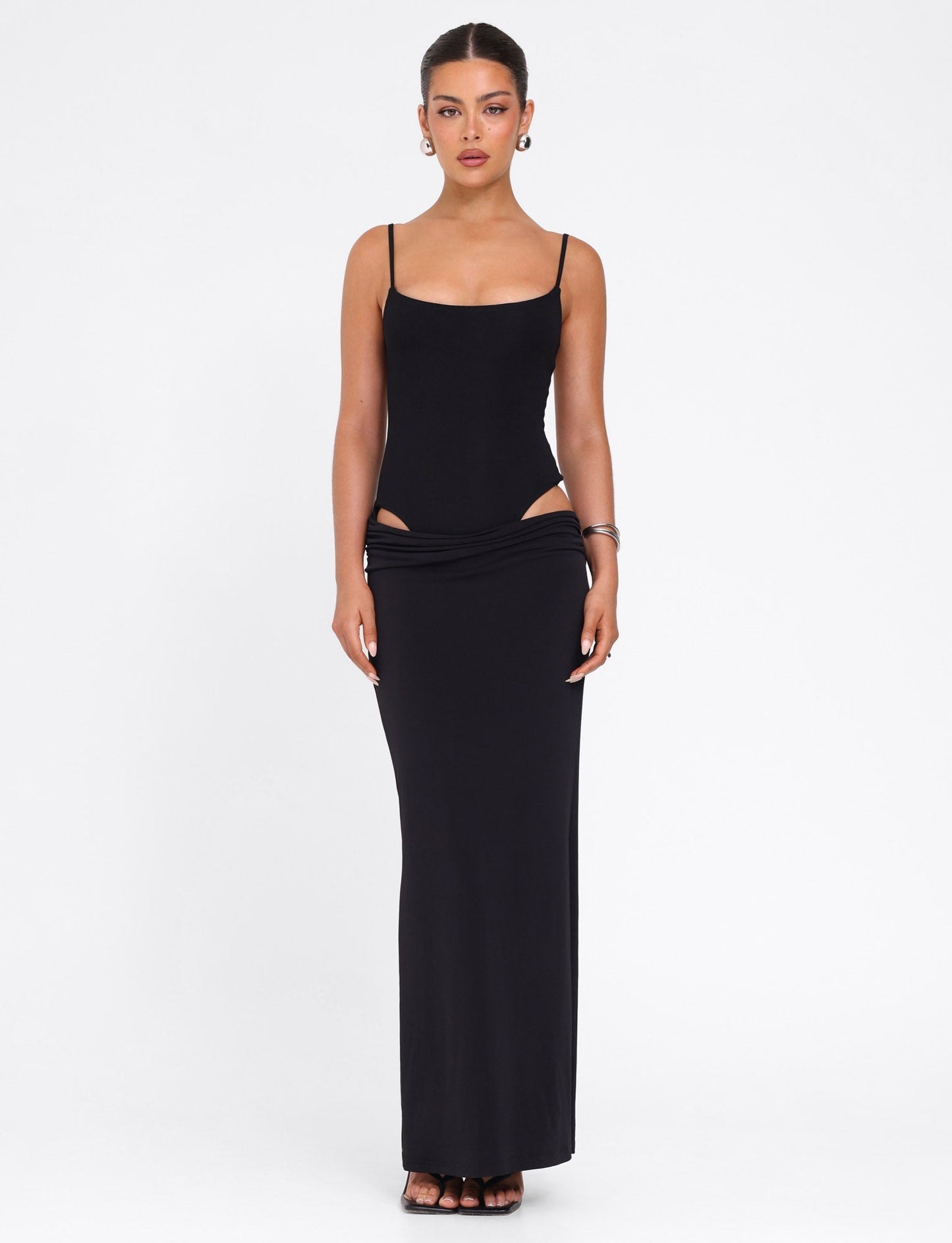 Scoop Neck Spaghetti Strap Waist Cutout Bodycon Maxi Dress