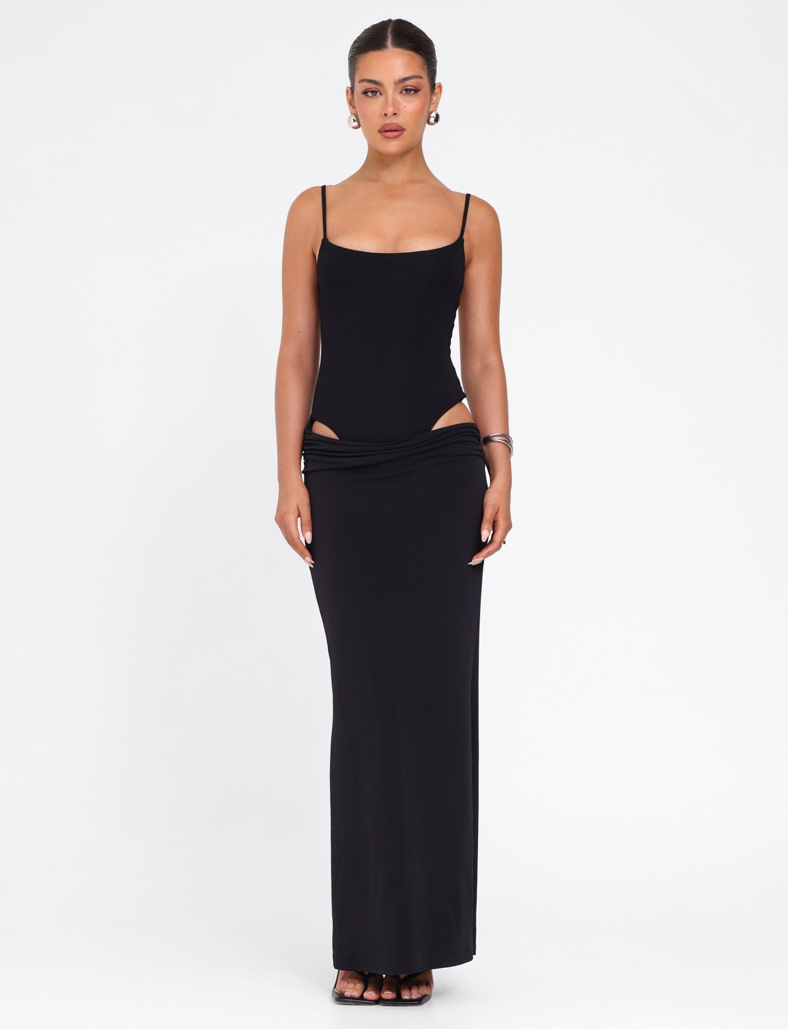 Scoop Neck Spaghetti Strap Waist Cutout Bodycon Maxi Dress