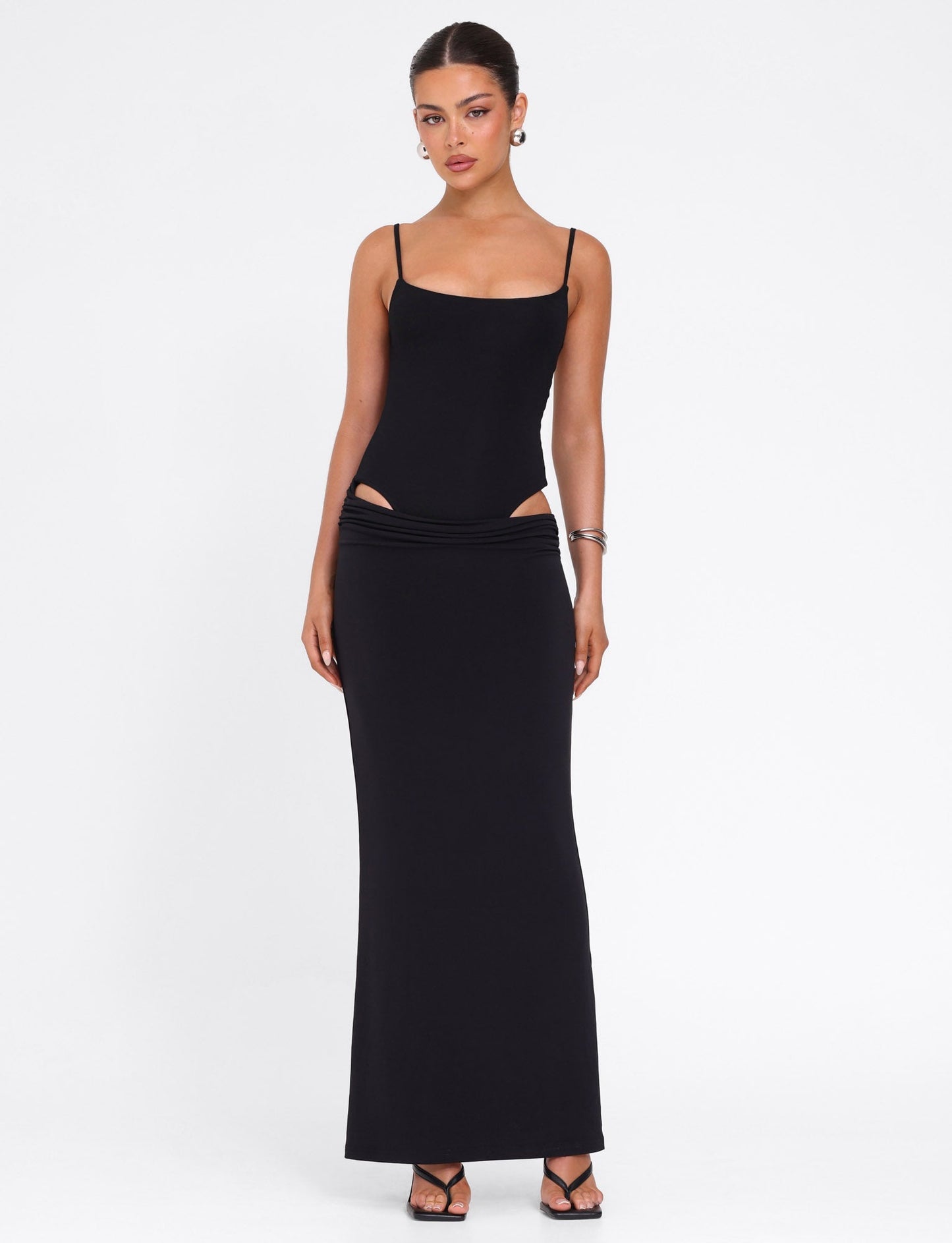 Scoop Neck Spaghetti Strap Waist Cutout Bodycon Maxi Dress
