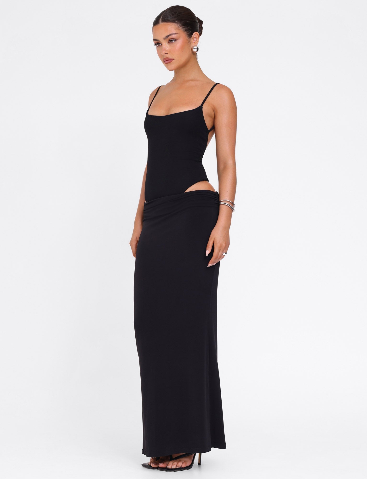 Scoop Neck Spaghetti Strap Waist Cutout Bodycon Maxi Dress
