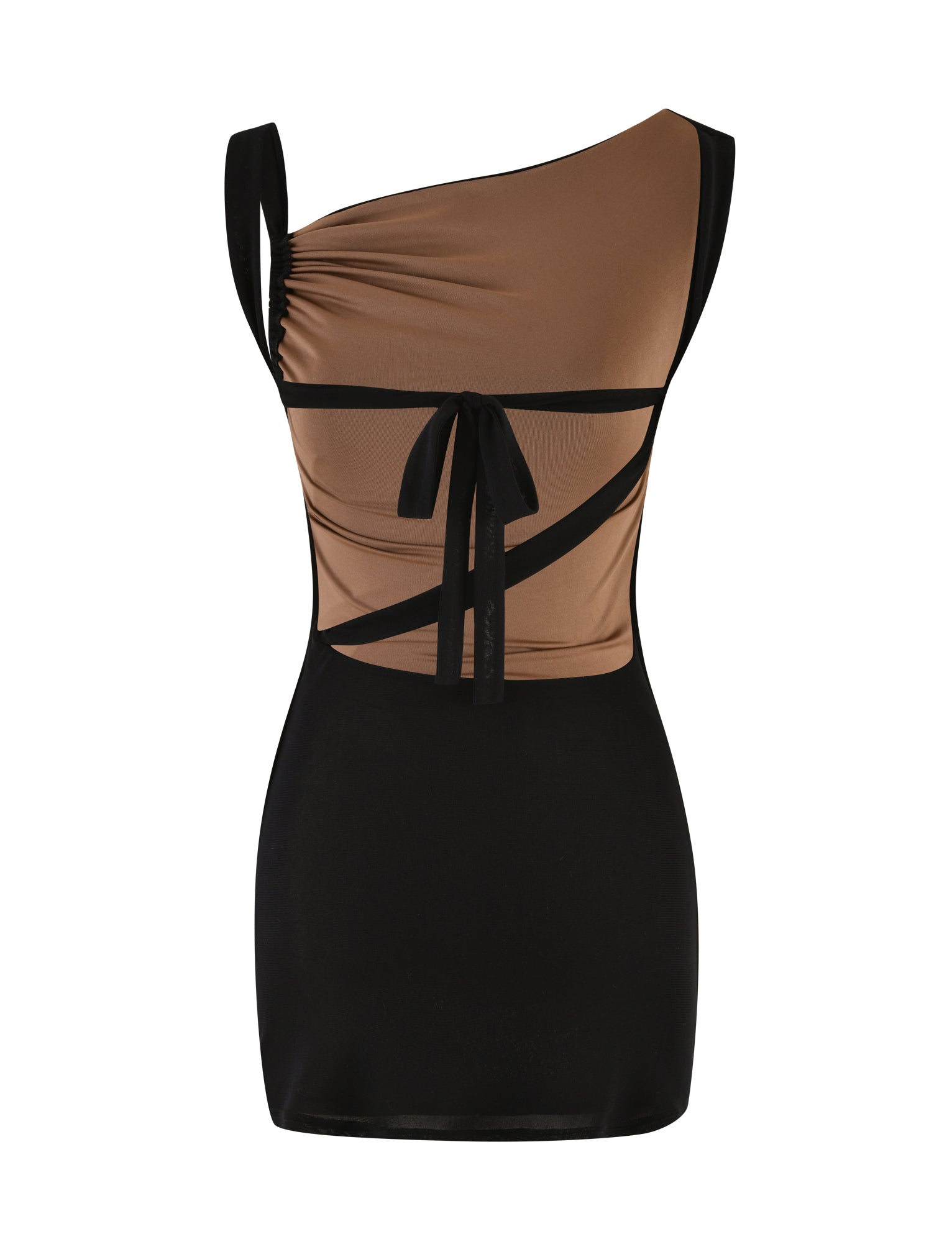 Asymmetrical Boat Neck Twisted Strap Side Ruched Mesh Bodycon Mini Dress