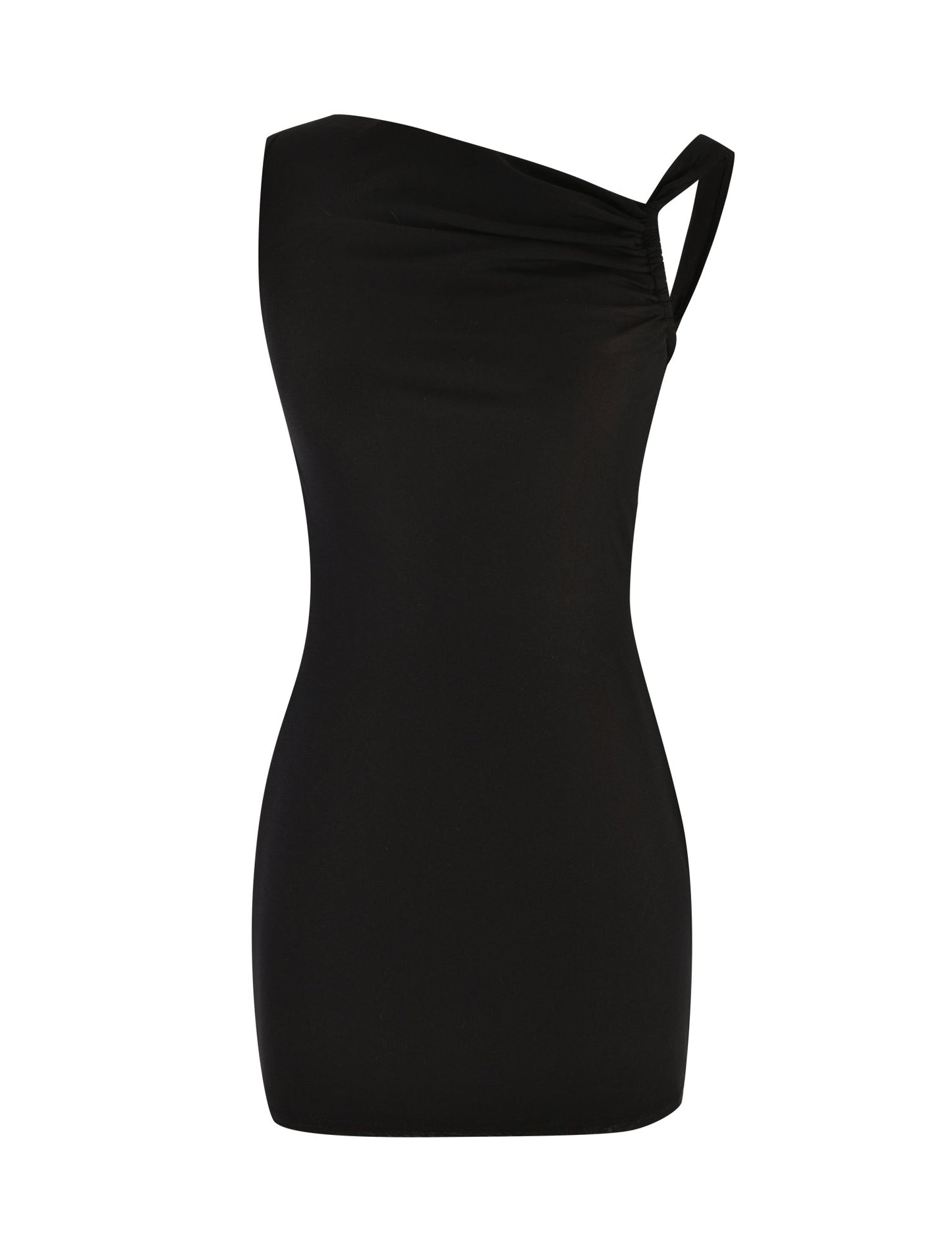 Asymmetrical Boat Neck Twisted Strap Side Ruched Mesh Bodycon Mini Dress