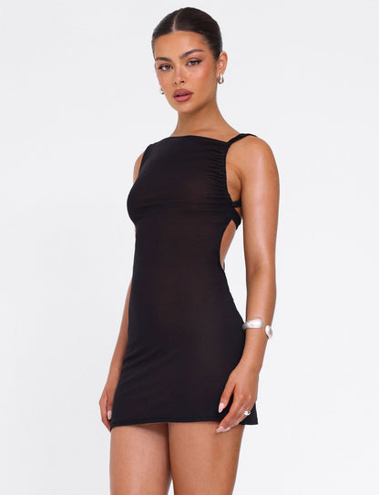 Asymmetrical Boat Neck Twisted Strap Side Ruched Mesh Bodycon Mini Dress