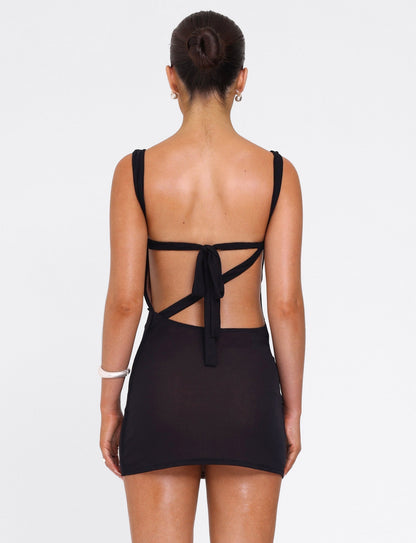 Asymmetrical Boat Neck Twisted Strap Side Ruched Mesh Bodycon Mini Dress
